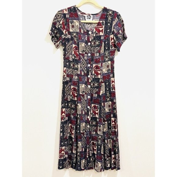 Vtg Hilo Hattie Women 8 Petite Dress Short Sleeve Button Front Ethnic Print Boho - Picture 1 of 12